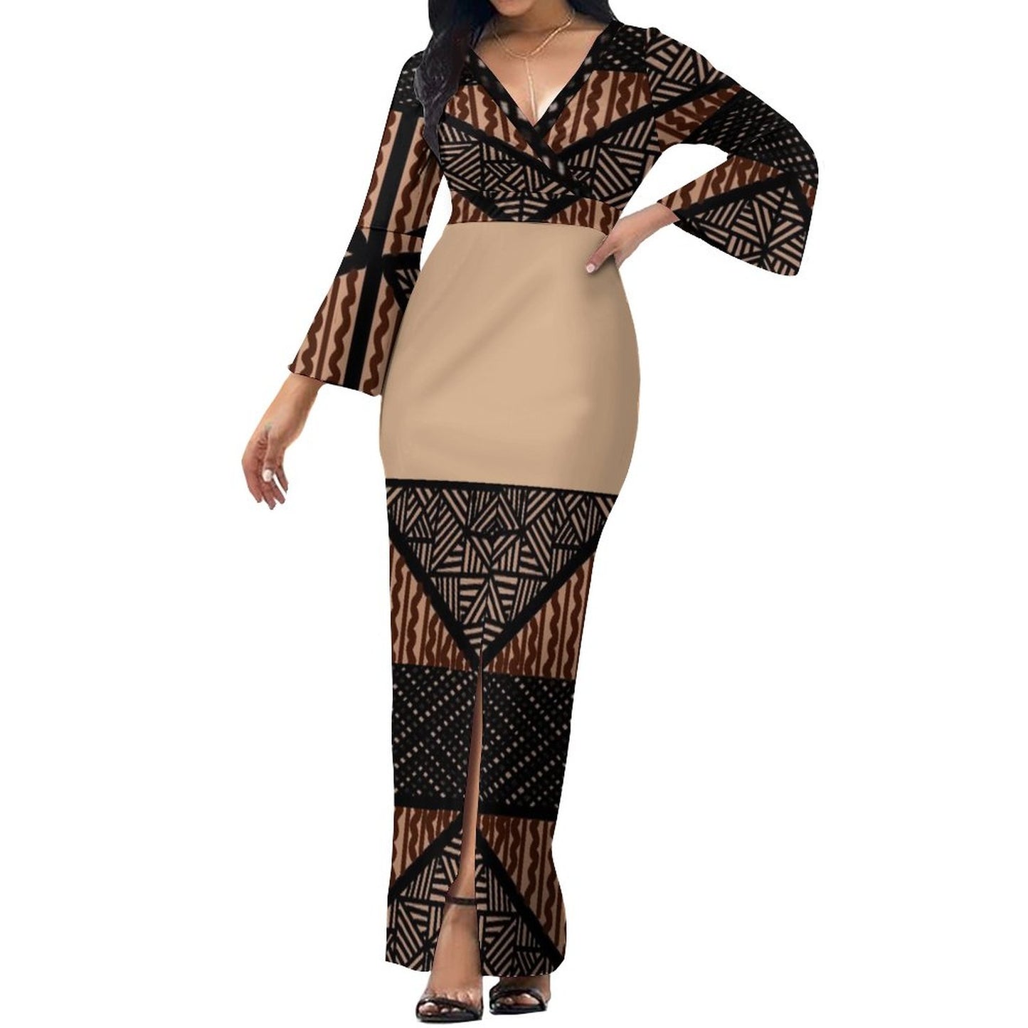 Robe longue beige col croisé/motif gatu