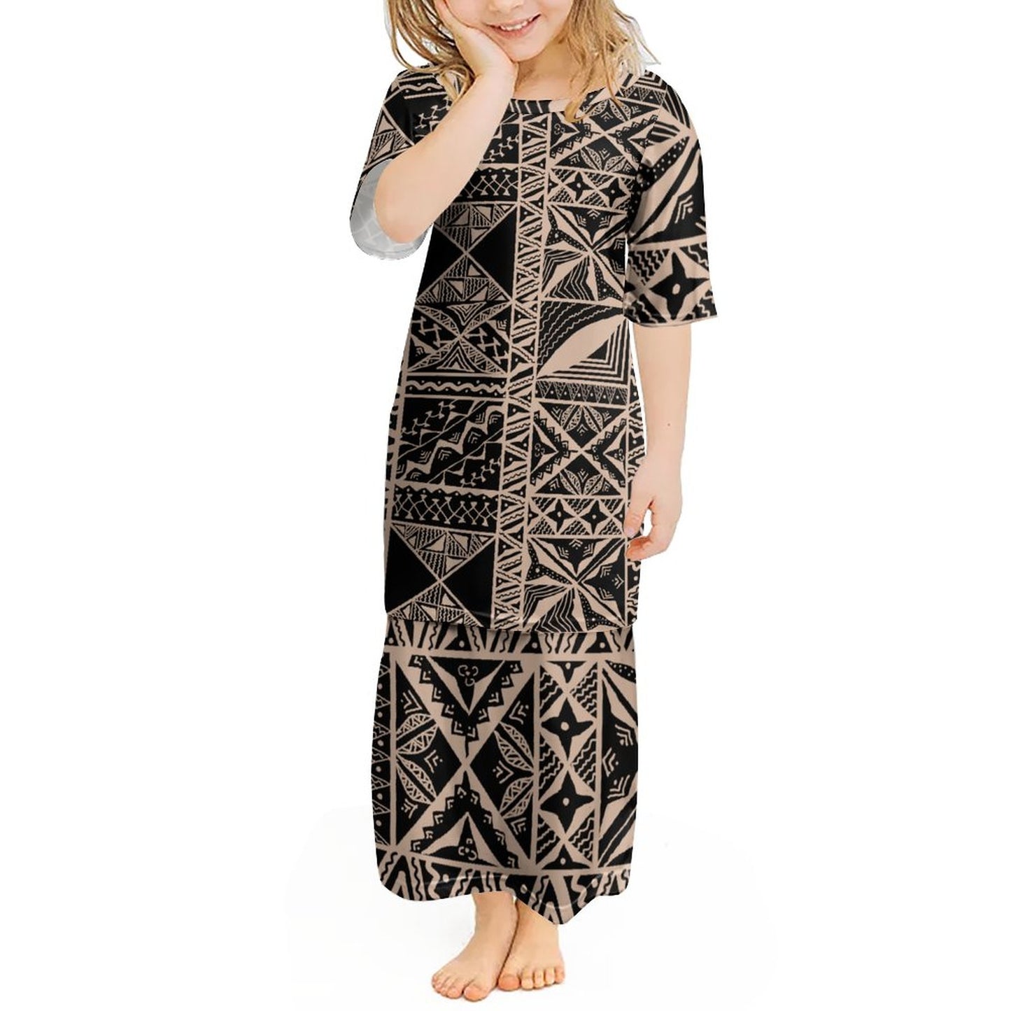 Ensemble haut/jupe fillette beige motif gatu