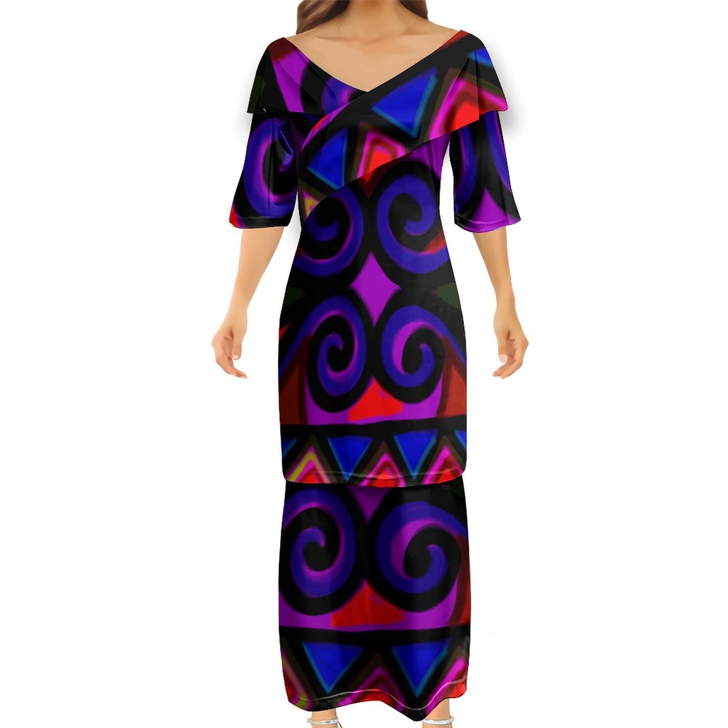 Ensemble eva haut col croisé/jupe imprimée violet