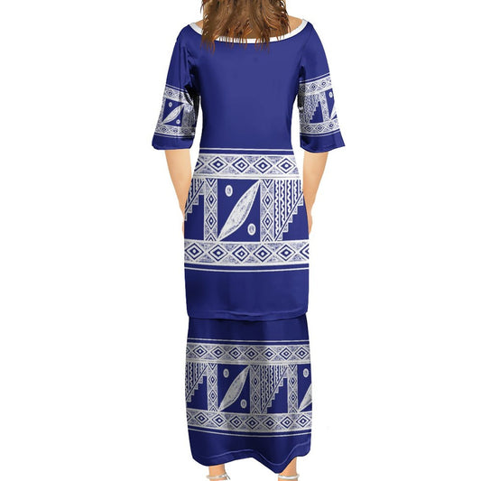 Ensemble haut/jupe blanc/bleu motif gatu