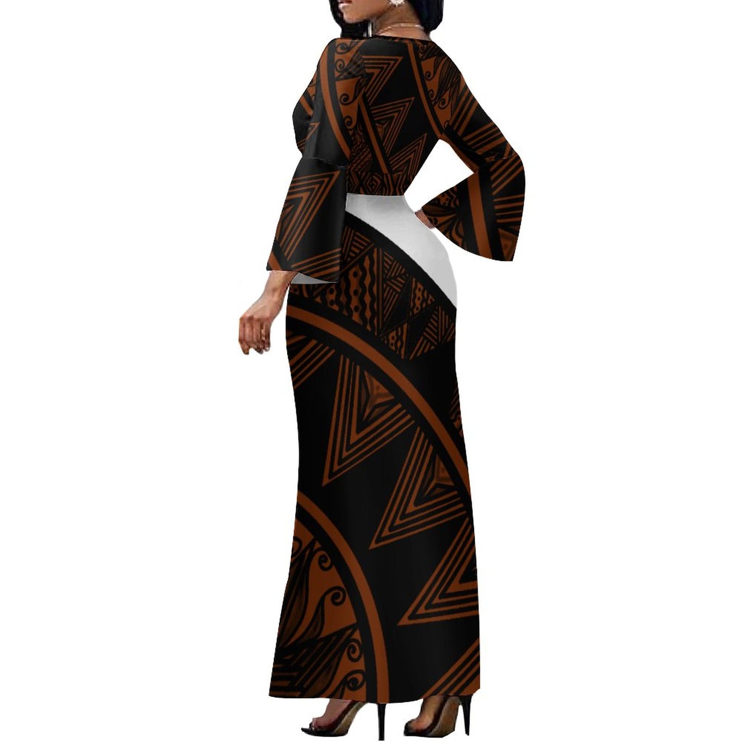 Robe longue noir col croisé/motif gatu