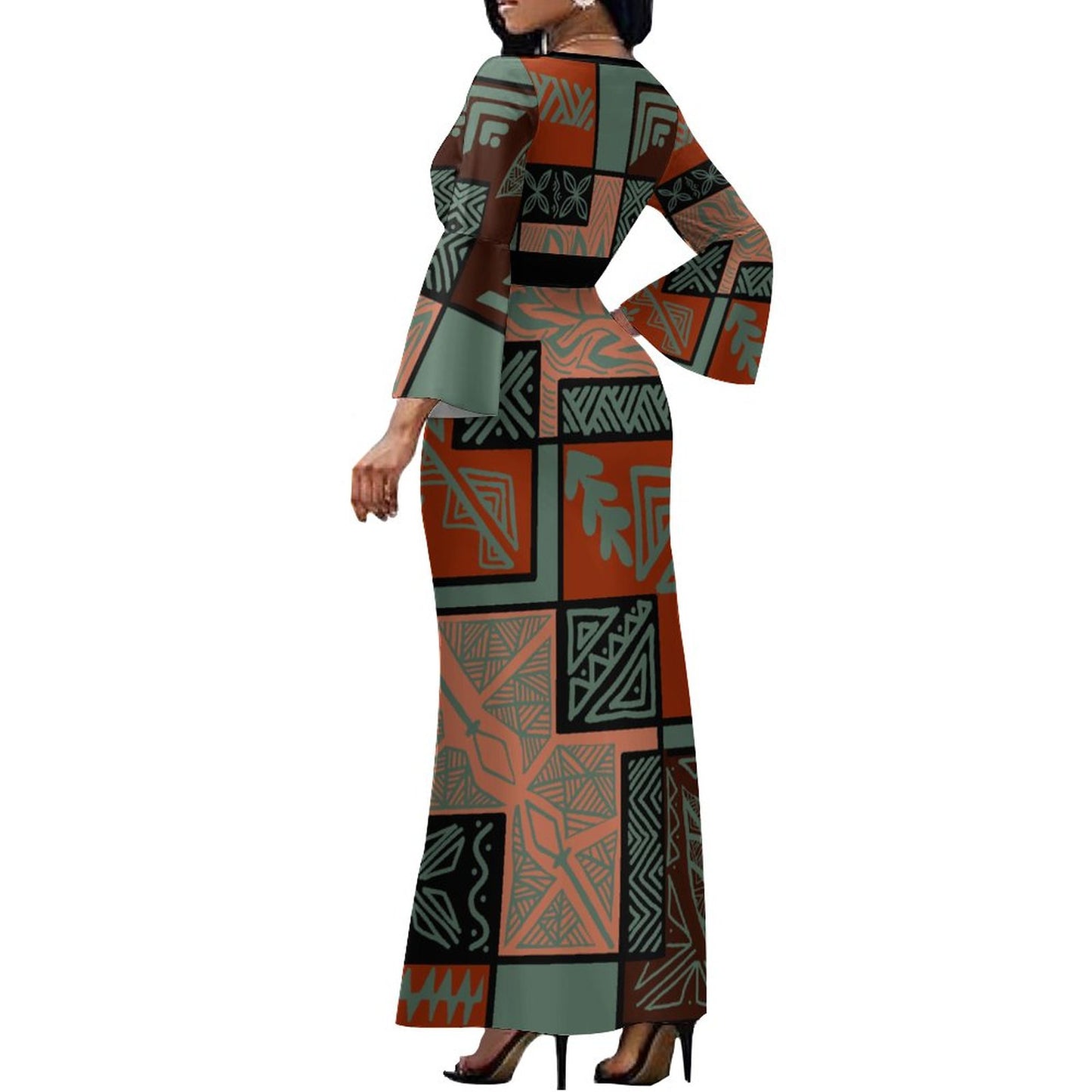 Robe longue vert/motif tapa-feuille