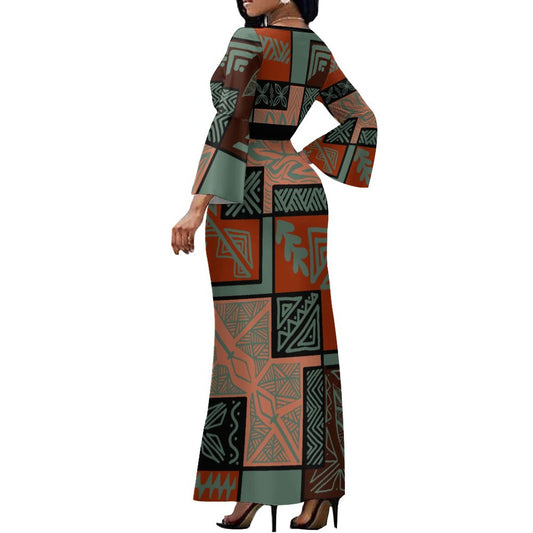 Robe longue vert/motif tapa-feuille
