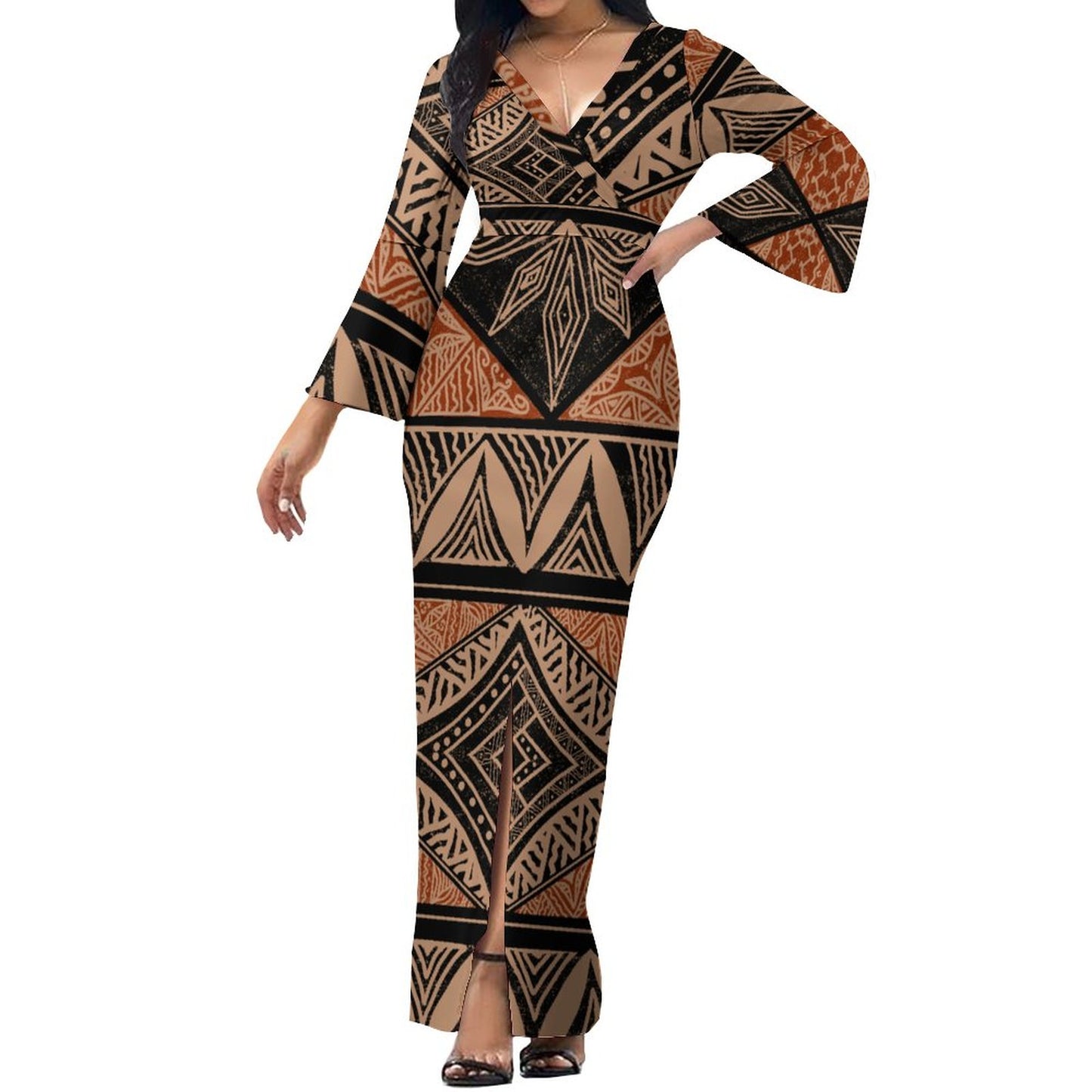 Robe longue marron col croisé/motif gatu