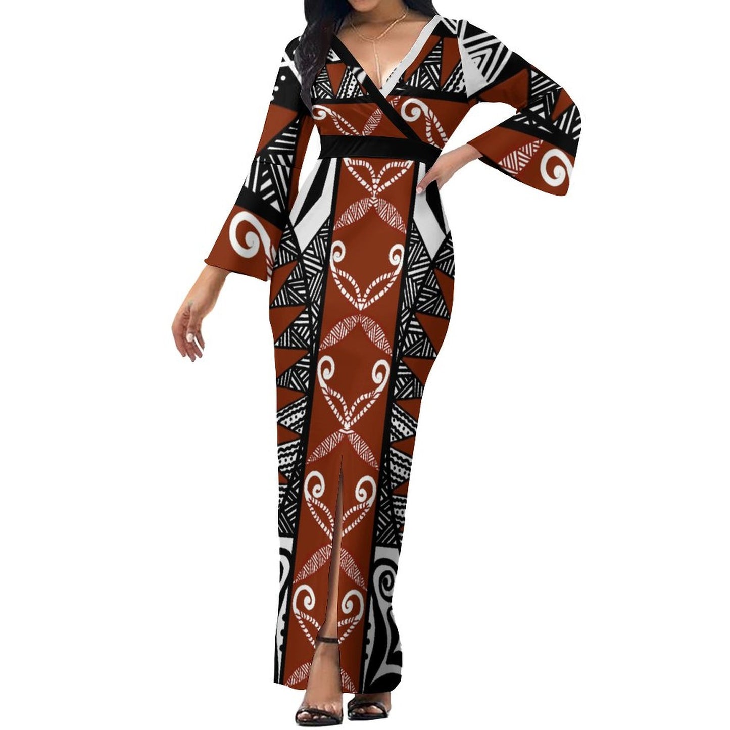 Robe longue col croisé/motif gatu