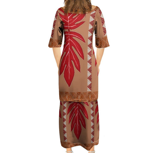 Ensemble haut/jupe marron motif feuille/gatu