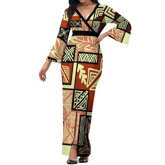 Robe longue jaune col croisé/motif feuille-tapa