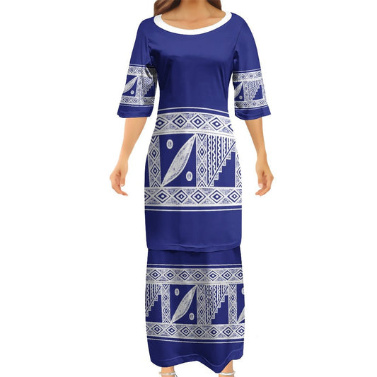 Ensemble haut/jupe blanc/bleu motif gatu