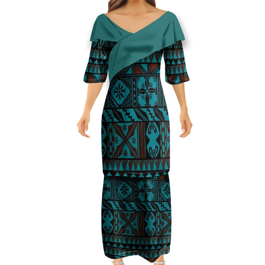 Ensemble kati bleu haut col croisé/jupe motif gatu
