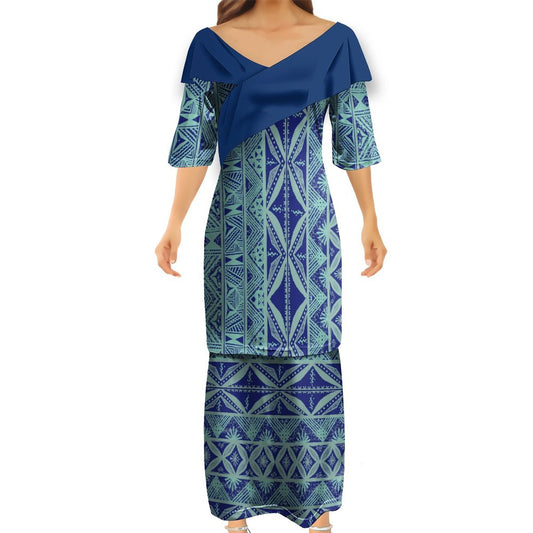 Ensemble kati bleu foncé haut col croisé/jupe motif gatu