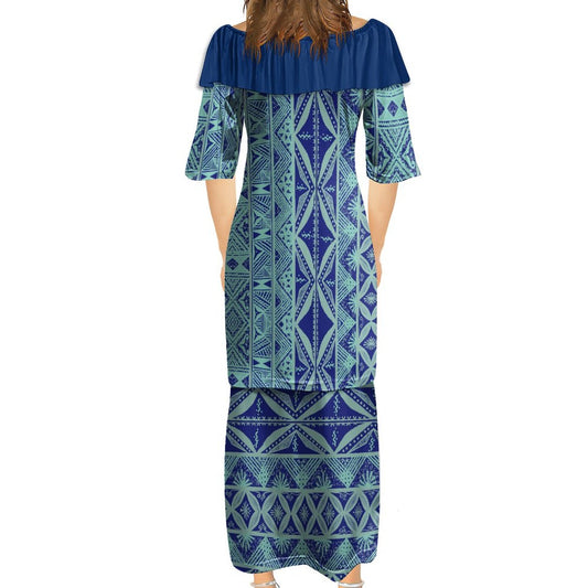 Ensemble kati bleu foncé haut col croisé/jupe motif gatu