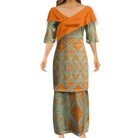 Ensemble kati orange haut col croisé/jupe motif gatu