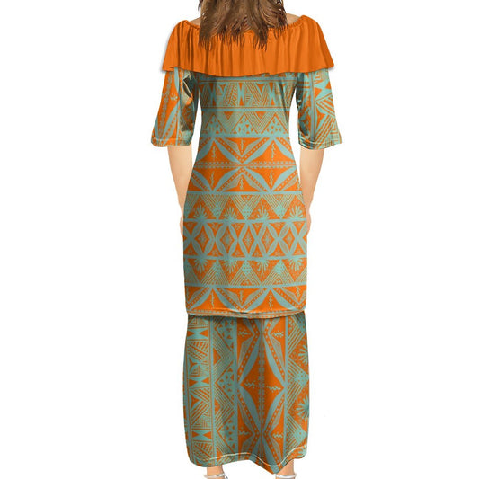 Ensemble kati orange haut col croisé/jupe motif gatu