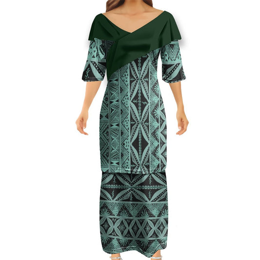 Ensemble kati vert foncé haut col croisé/jupe motif gatu