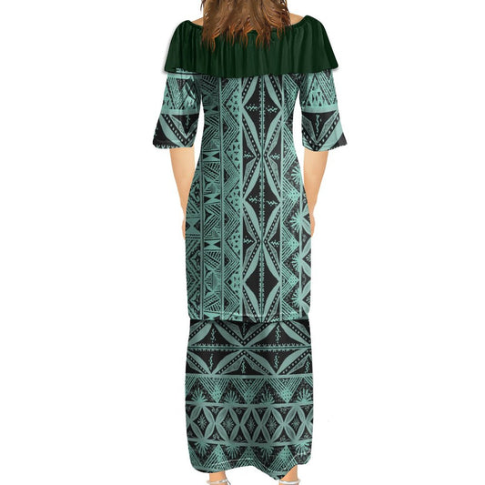 Ensemble kati vert foncé haut col croisé/jupe motif gatu