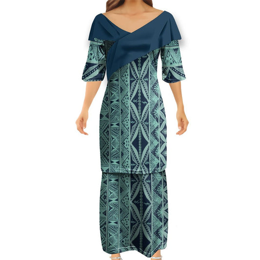 Ensemble kati bleu marrine haut col croisé/jupe motif gatu