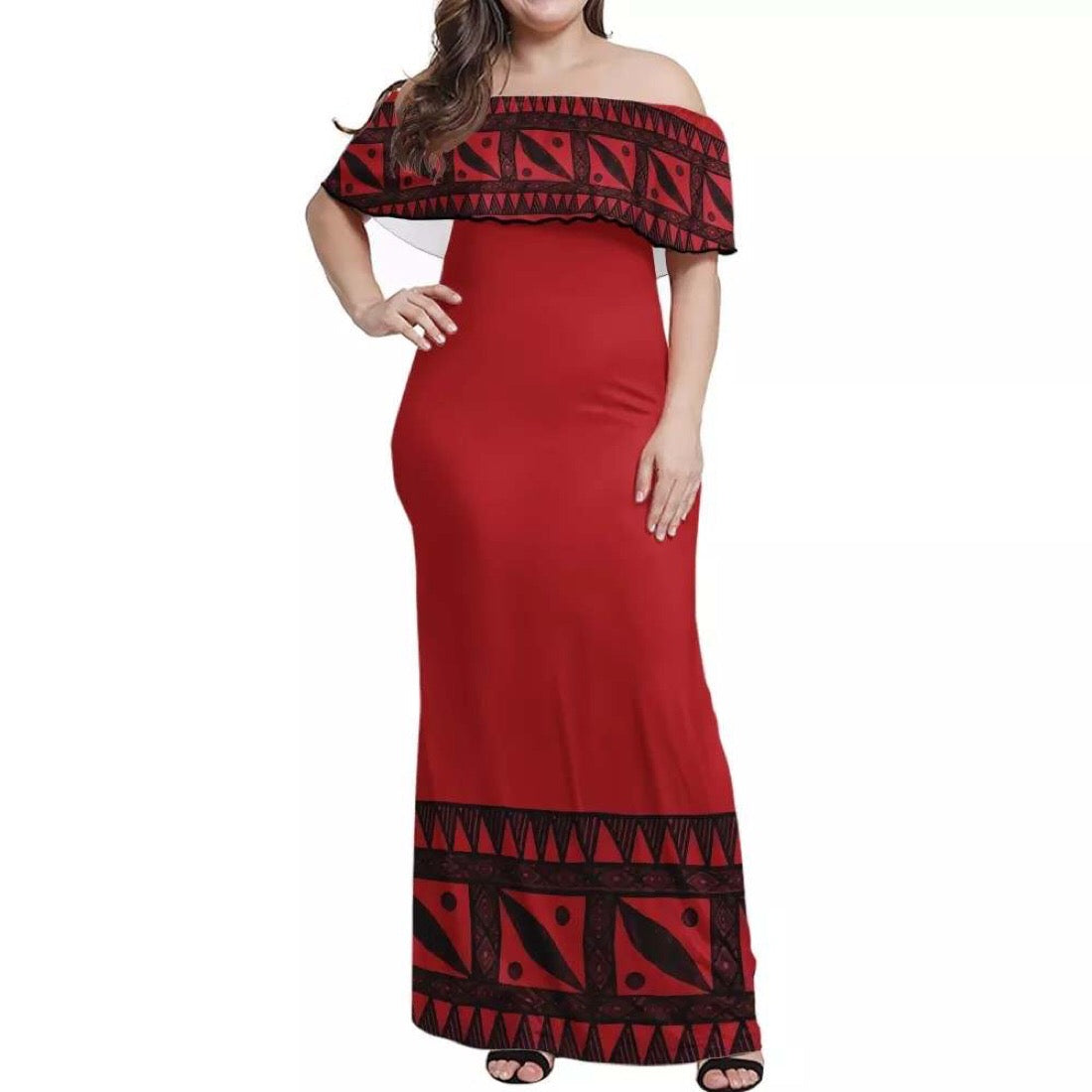Robe longue rouge imprimée motif gatu