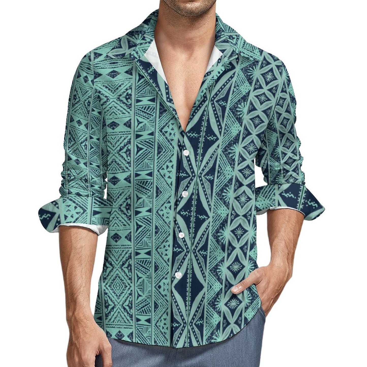 Chemise mata fond bleu imprimée gatu