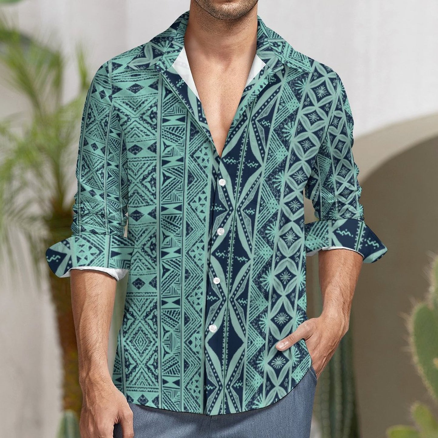 Chemise mata fond bleu imprimée gatu