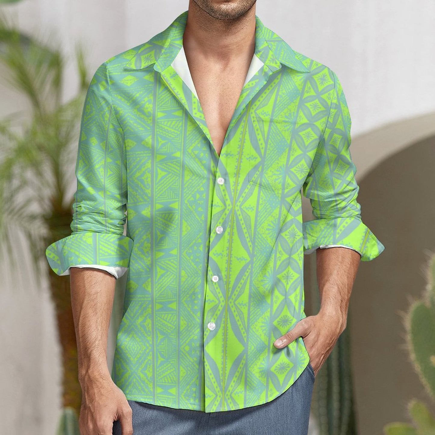 Chemise mata vert fluo imprimée gatu