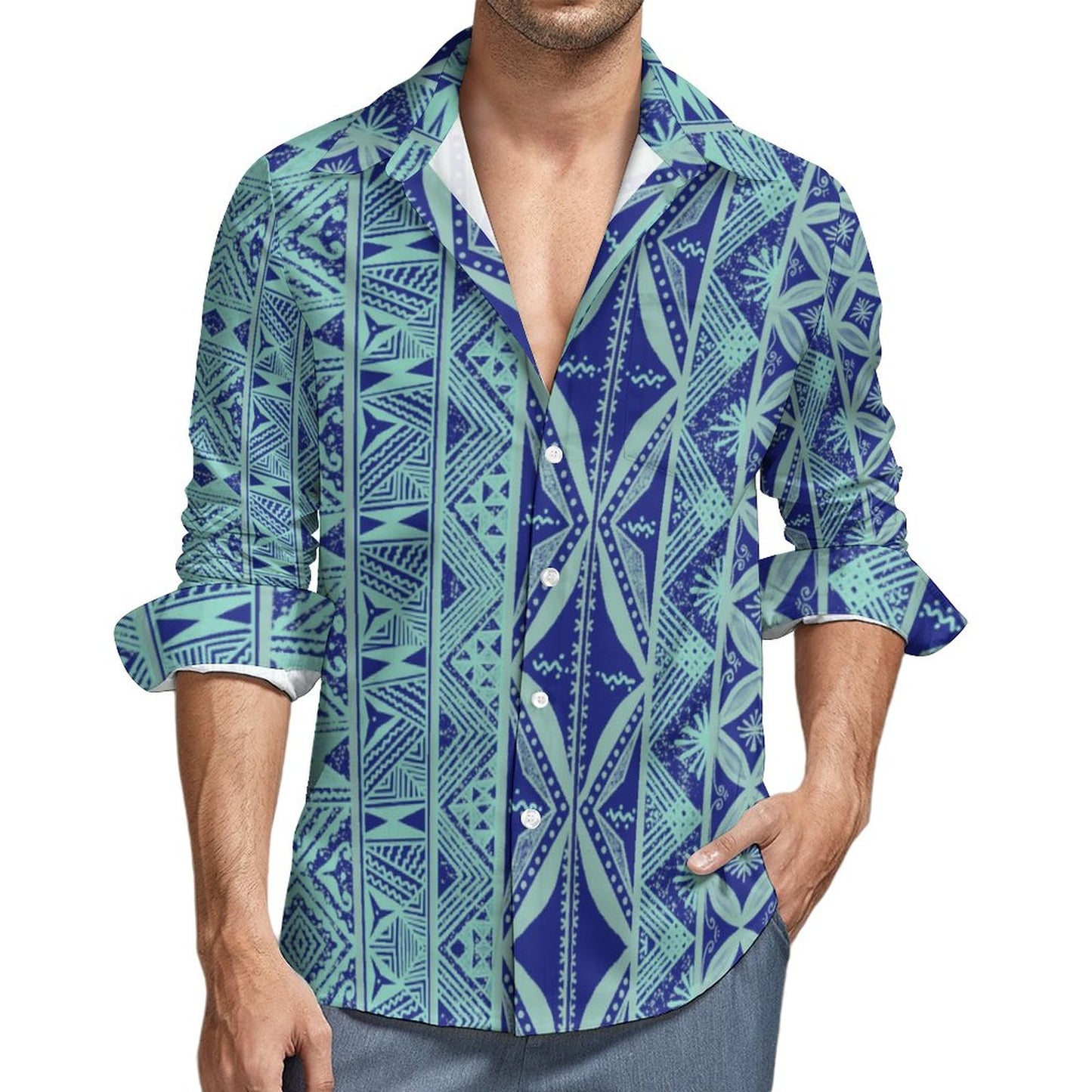 Chemise mata bleu foncé imprimée gatu