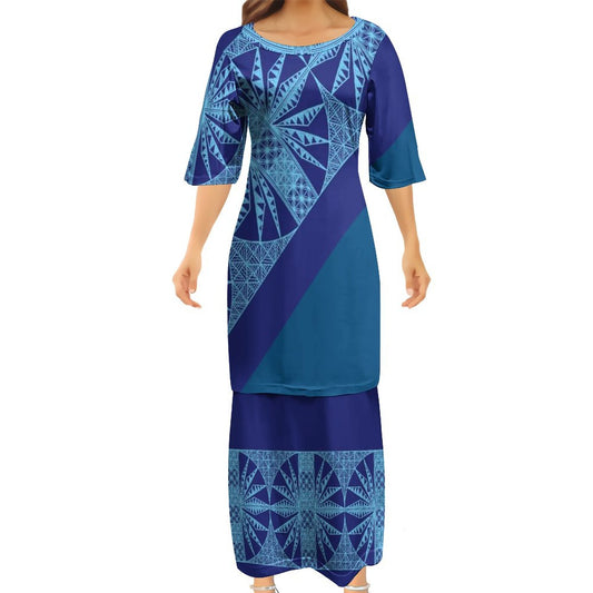 Ensemble haut/jupe bleu tricolore tapa