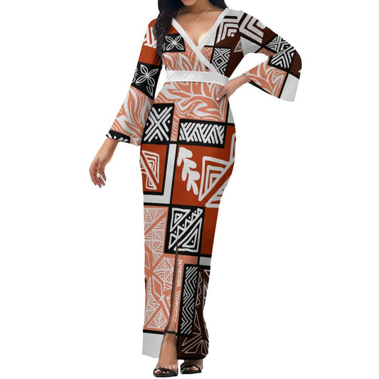 Robe longue col croisé/motif feuille-tapa