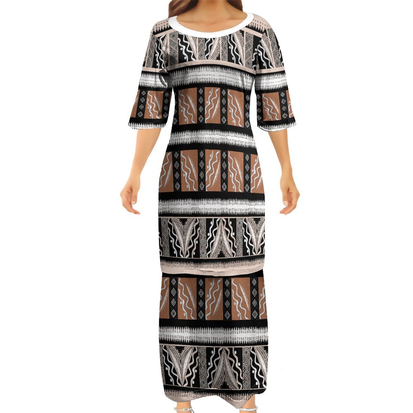 Ensemble haut/jupe marron motif tapa