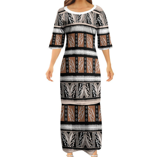 Ensemble haut/jupe marron motif tapa