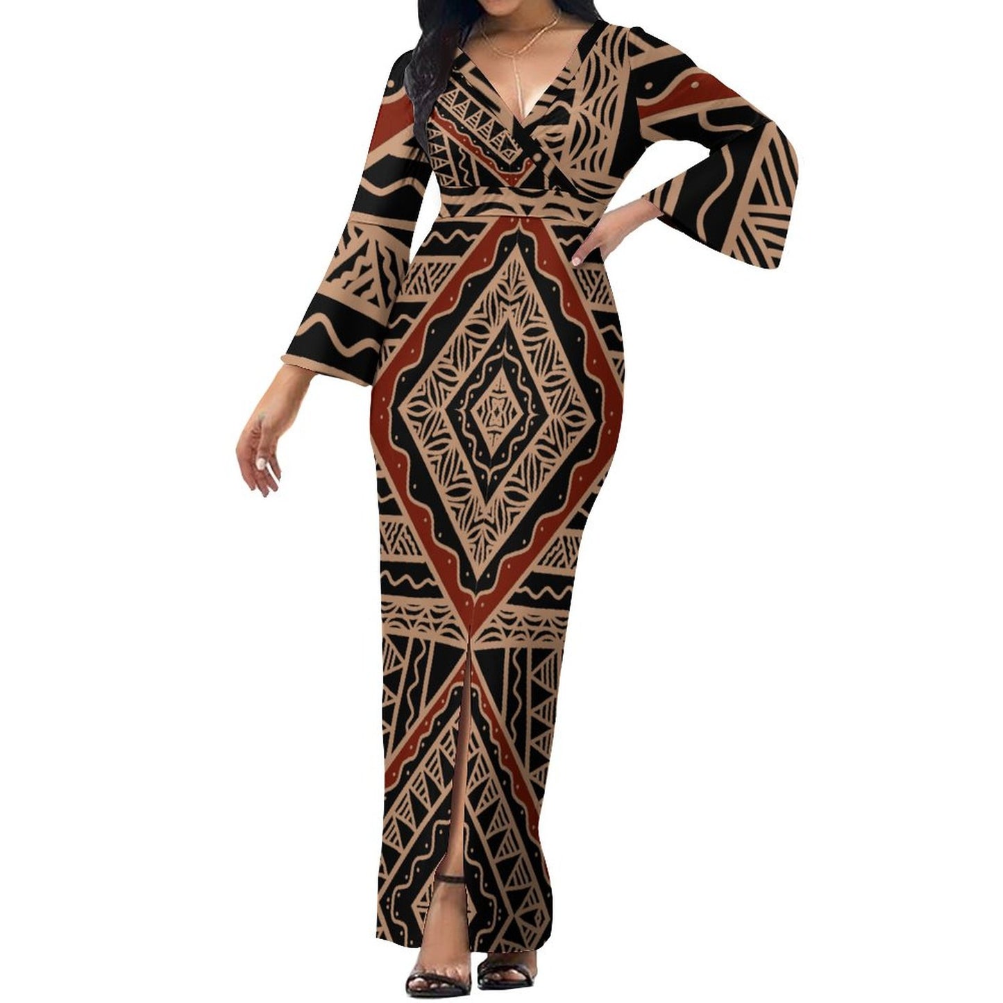 Robe longue marron col croisé/motif gatu