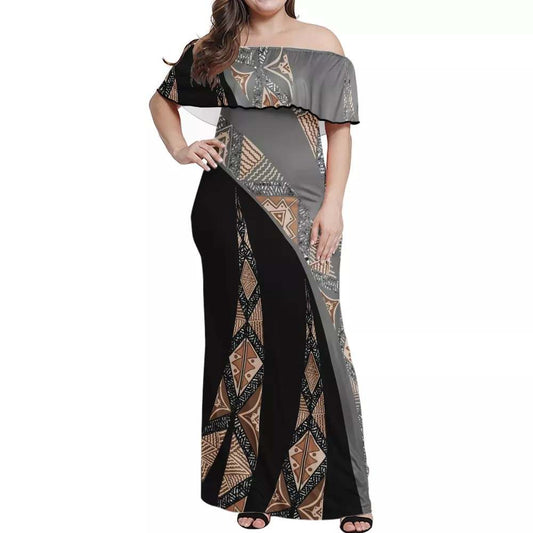 Robe longue gris/noire imprimée motif gatu