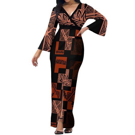 Robe longue noir col croisé / motif tapa