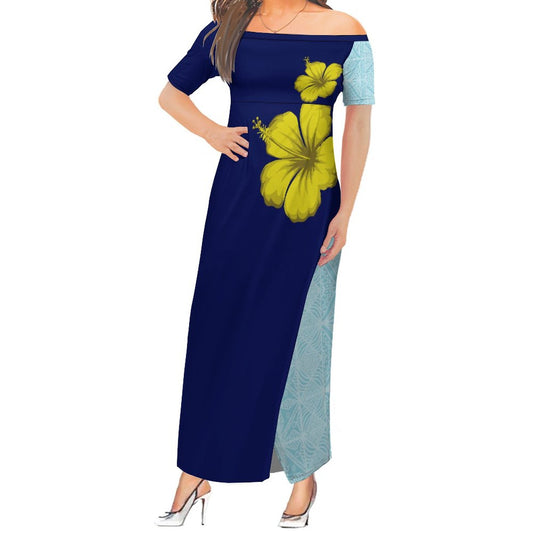 Robe longue bleue bicolore en soie