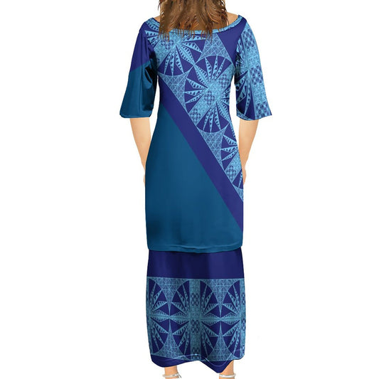 Ensemble haut/jupe bleu tricolore tapa