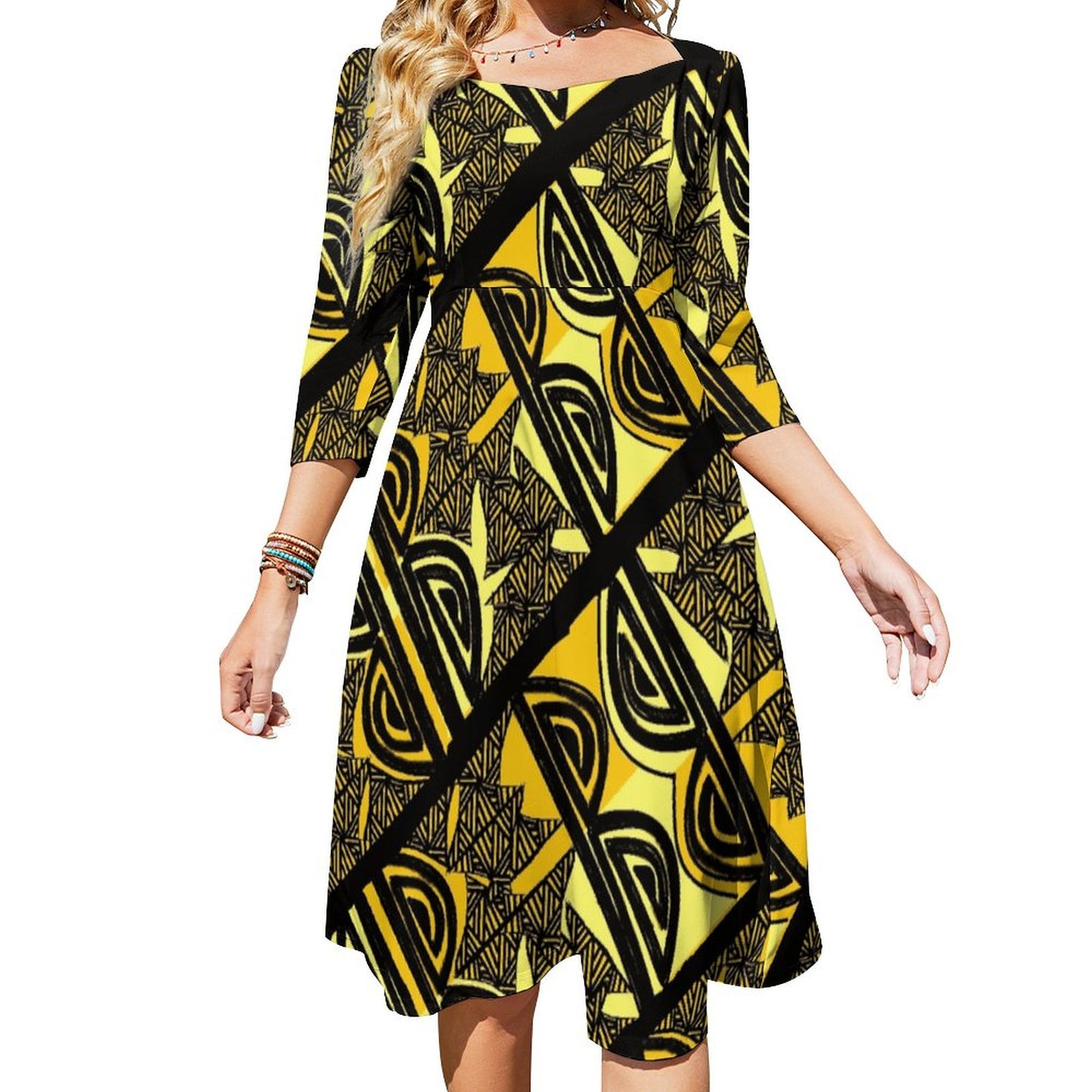 Robe évasée à nœud jaune