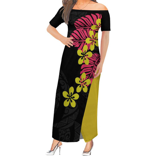 Robe longue bicolore noire/jaune à motif fleurs et feuilles