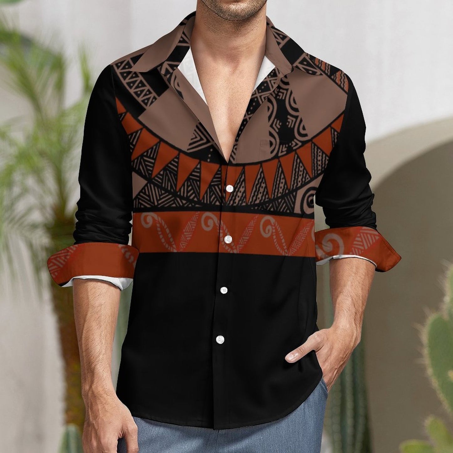 Chemise mata noir bicolore imprimée gatu